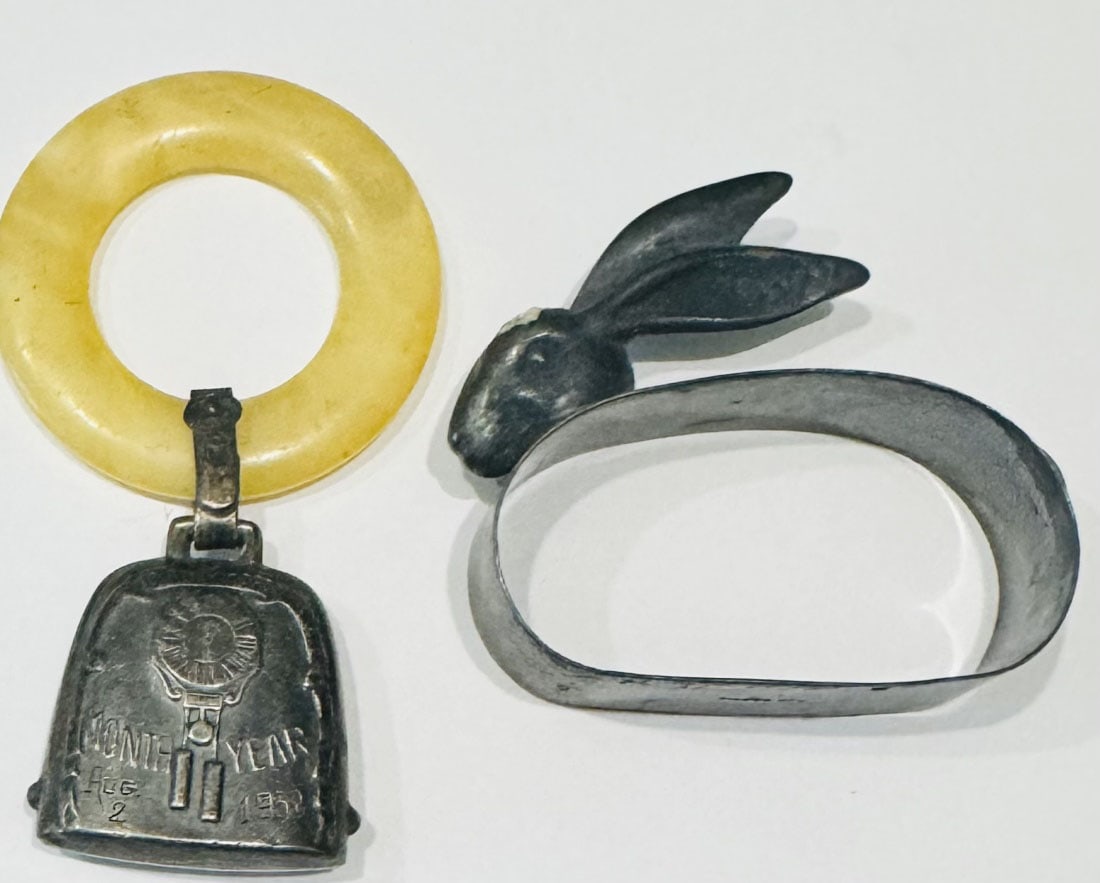 ANTIQUE STERLING BABY TEETHING RING AND TOY: OK/GOOD CONDITION