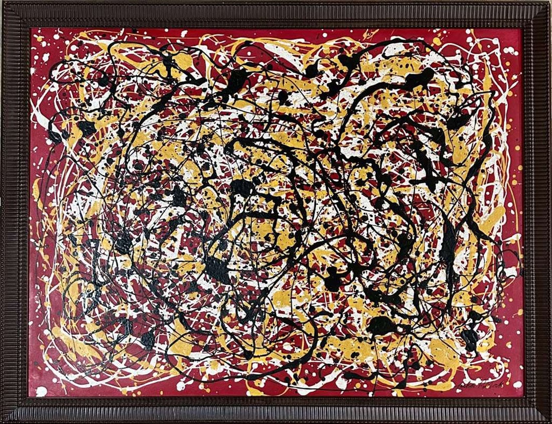 JACKSON POLLOCK OIL ON CANVAS (LARGE): Jackson Pollock, no coa, private collection, medium: oil, measurements: 53"H X 40"W framed, good condition Biography: Paul Jackson Pollock was an American painter. A major figure in the abstract expre