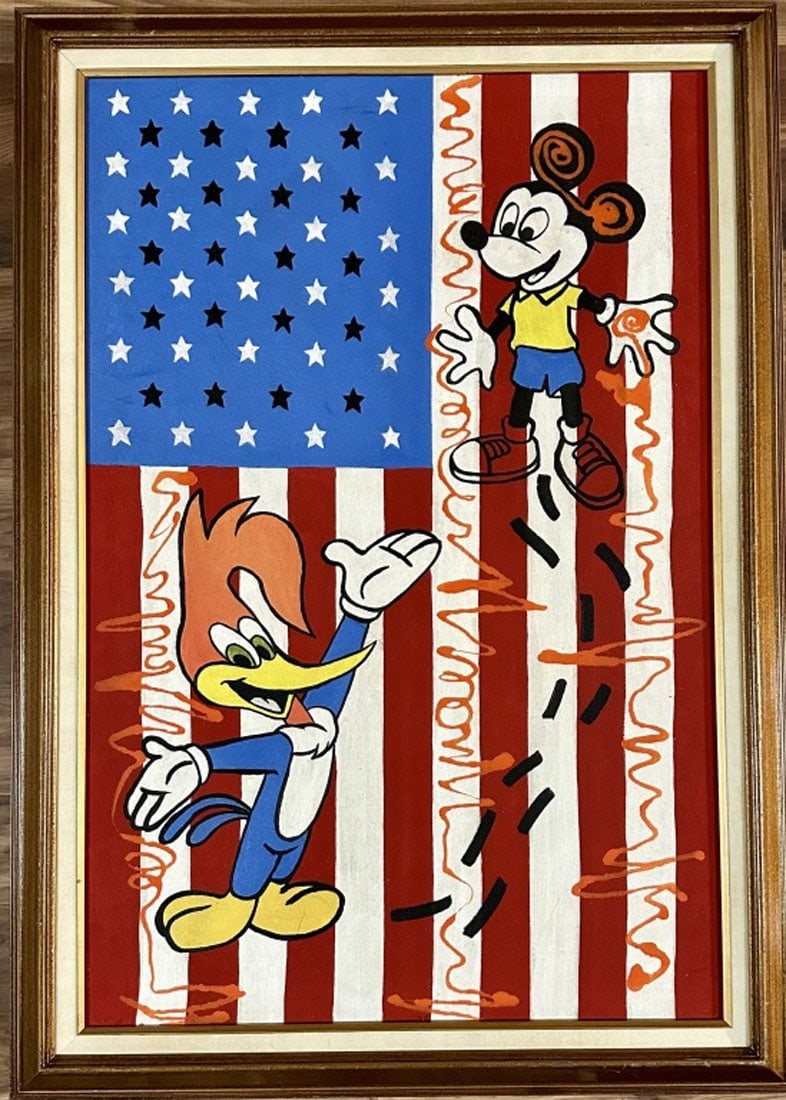 ELAINE STURTEVANT OIL ON CANVAS FLAG: Elaine Sturtevant, no coa, private collection, medium: oil,measurements: 36"HX24"W framed Biography:Elaine Frances Sturtevant (née Horan; August 23, 1924 – May 7, 2014), also known professionally a