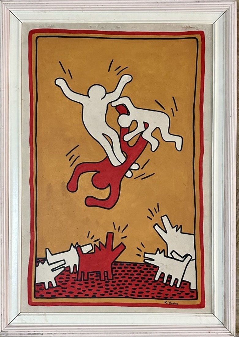 KEITH HARING OIL ON CANVAS: Keith Haring, no coa, private collection, medium: oil, measurements: 41"H X 29"W framed, ok condition Biography: Keith Allen Haring was an American artist whose pop art emerged from the New York City