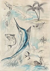 ERNEST HEMINGWAY WATERCOLOR ON PAPER