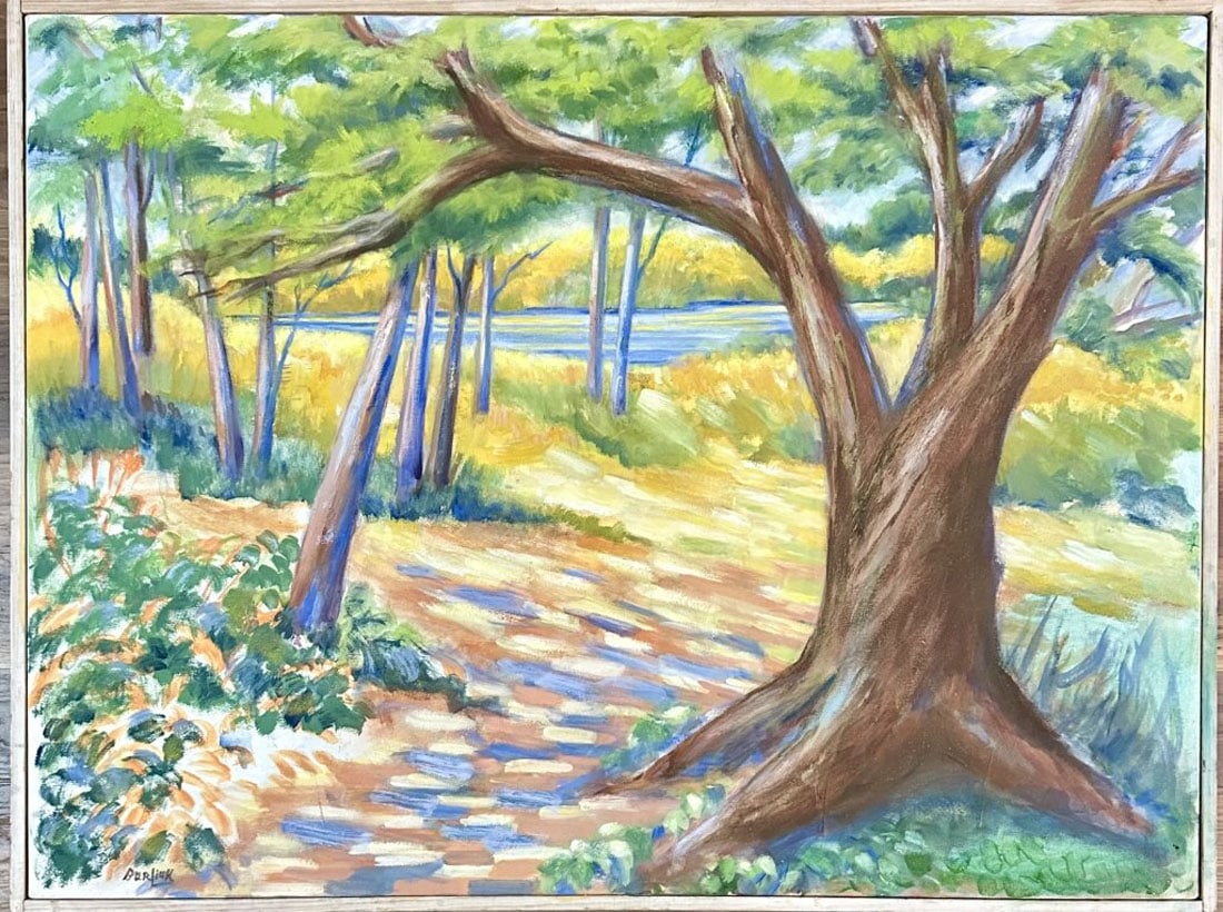 DAVID DAVIDOVICH BURLIUK OIL LANDSCAPE: David Davidovich Burliuk, no coa, private collection, medium: oil, measurements: 40"W BY 30"H unframed, good condition framed, Biography: David Davidovich Burliuk was a Russian poet, artist and public