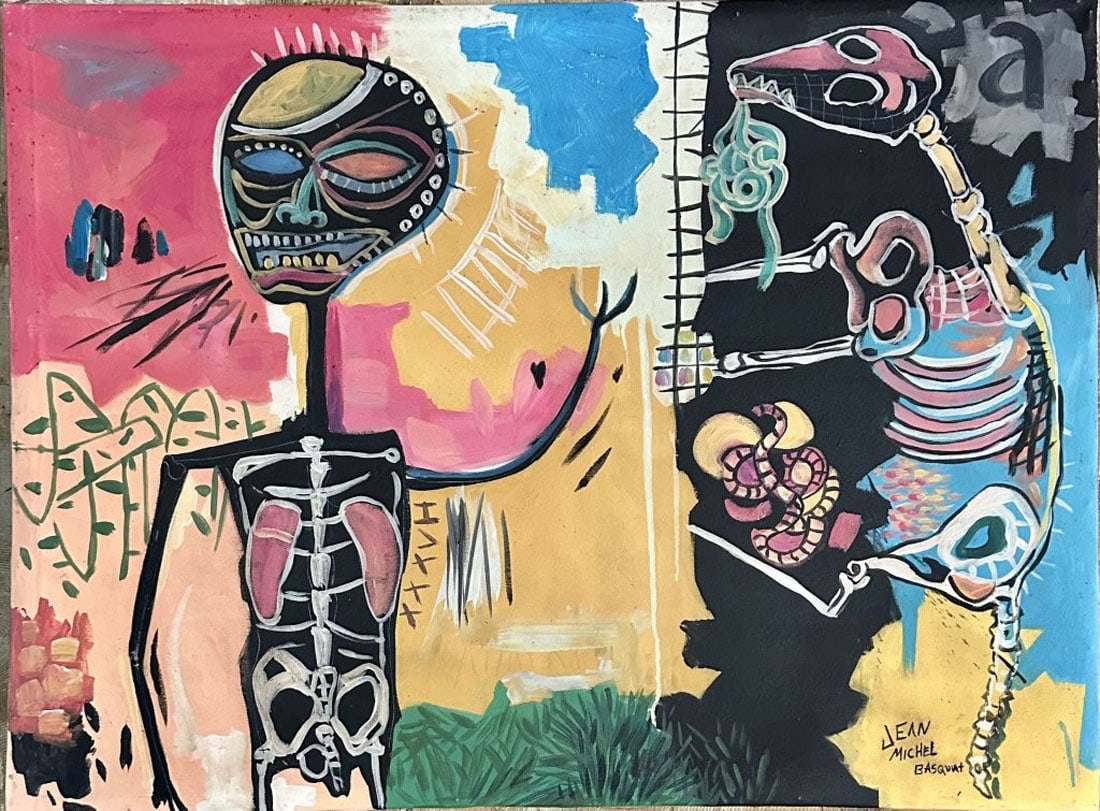 JEAN MICHEL BASQUIAT OIL ON CANVAS: Jean Michel Basquiat, private collection, medium: oil measurements: 40"W X30"H no frame, good condition Biography: Jean-Michel Basquiat was an American artist who rose to success during the 1980s as p