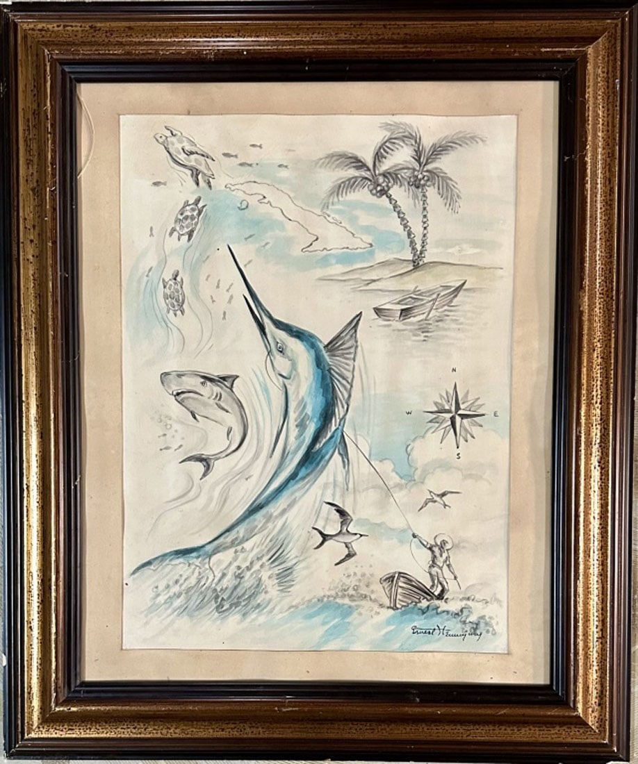 ERNEST HEMINGWAY WATERCOLOR ON PAPER (1 of 4)