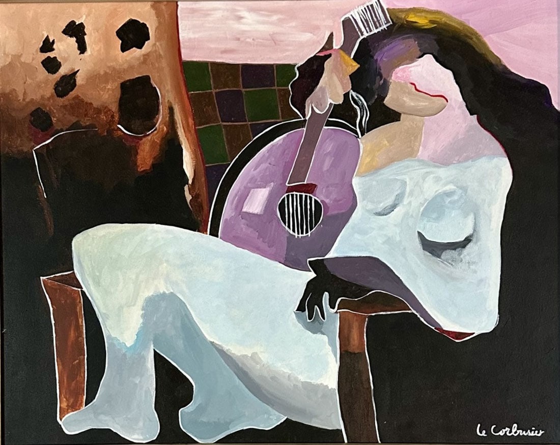 LE CORBUSIER OIL ON CANVAS: Le Corbusier, no coa, private collection, medium: oil measurements: 27"HX34"W good condition Biography: Charles-Édouard Jeanneret, known as Le Corbusier, was a Swiss-French architect, designer, paint