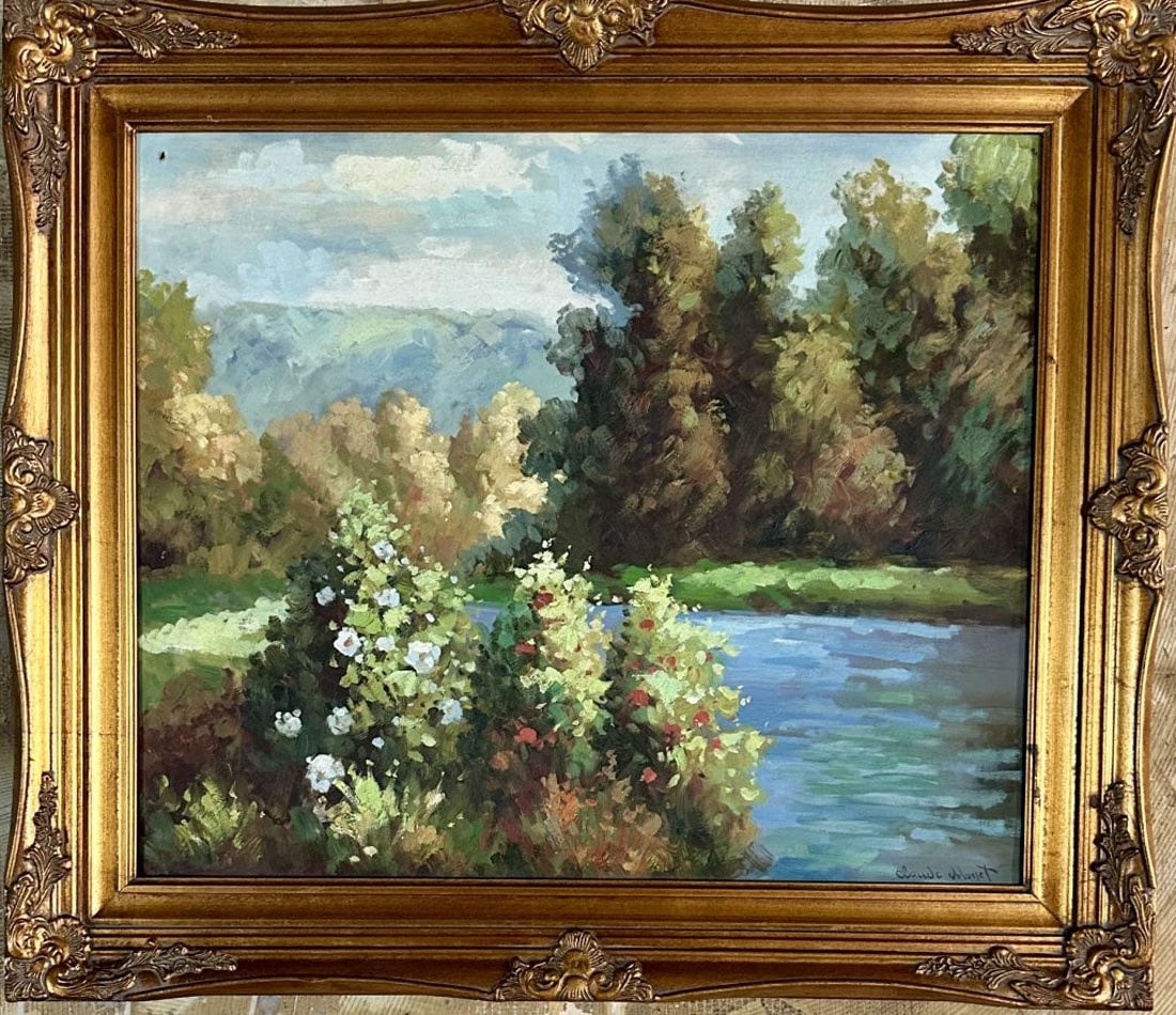 CLAUDE MONET OIL ON CANVAS IMPRESSIONIST: In the Style Of Claude Monet, no coa, private collection, medium: oil, measurements: 26"HX30"W framed, good condition Biography: Oscar-Claude Monet was a French painter and founder of impressionism pa