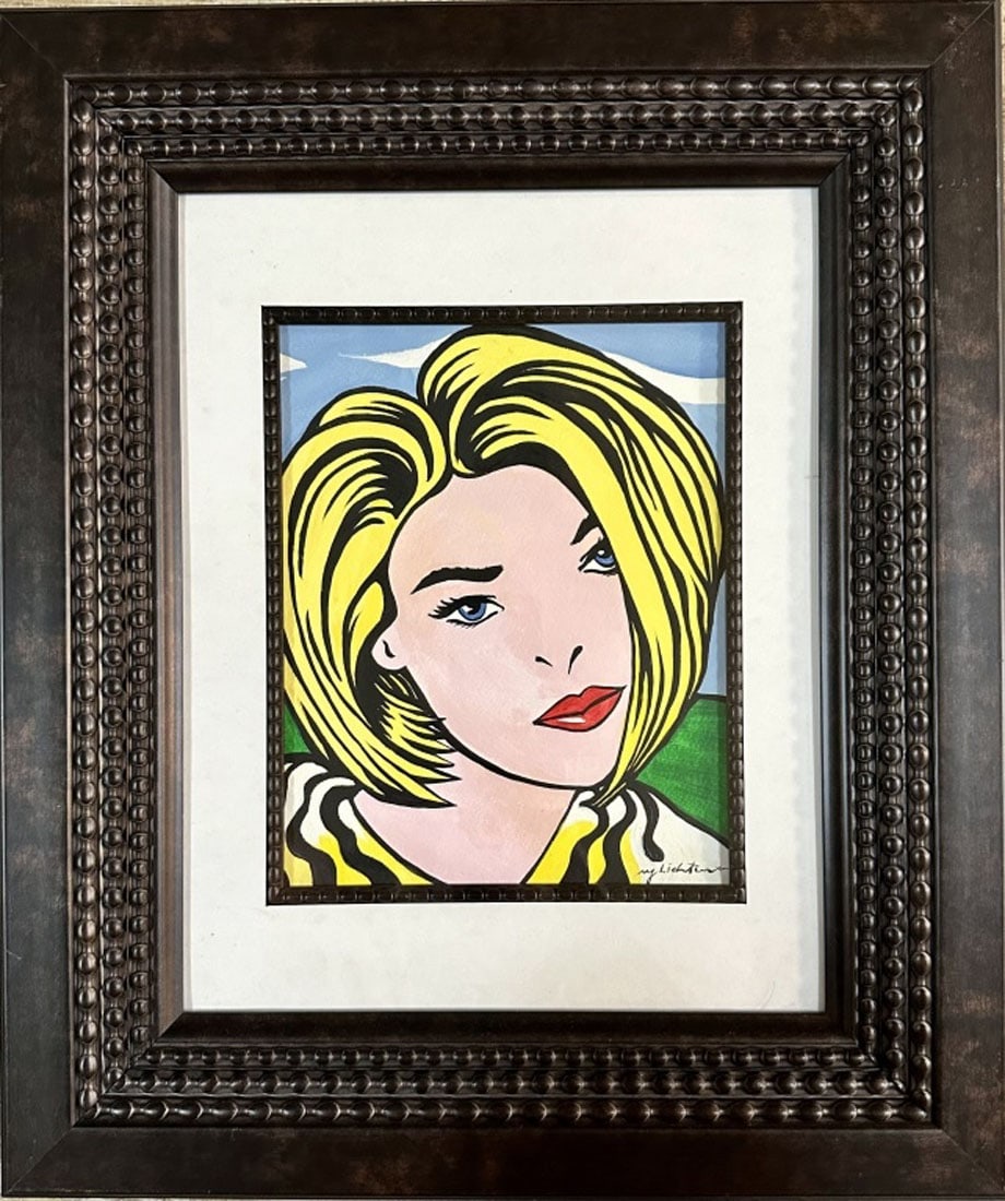 ROY LICHTENSTEIN OIL PAP ART PAINTING: Roy Lichtenstein, no coa, private collection, medium: oil measurements: 19"H X16"W framed, good condition Biography: Roy Fox Lichtenstein was an American pop artist. During the 1960's, along with Andy