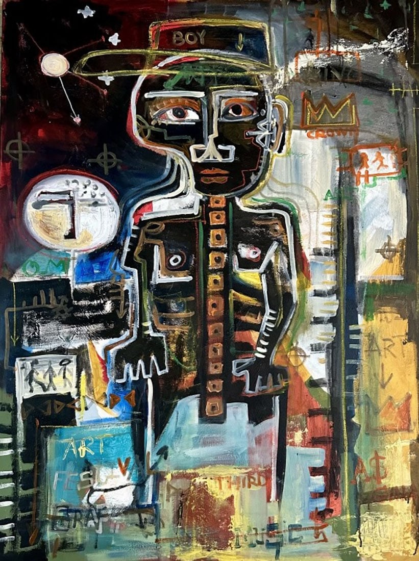 JEAN MICHEL BASQUIAT (AMERICAN) OIL ON CANVAS: Jean Michel Basquiat, no coa, private collection, medium: oil, measurements: 48"H X36"W no frame, good condition Biography: Jean-Michel Basquiat was an American artist who rose to success during the 1