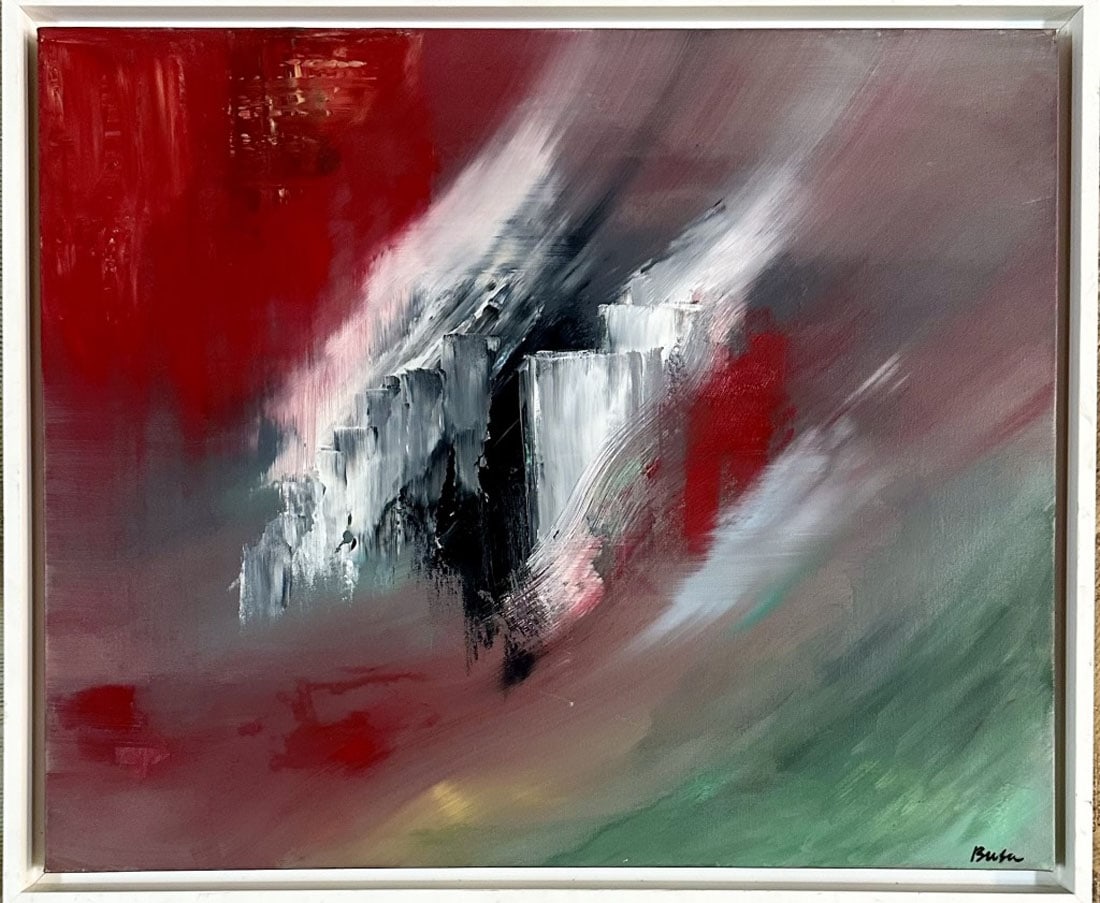 PETER BUSA ACRYLIC ON CANVAS ABSTRACT: Peter Busa, no coa, private collection, medium: acrylic measurements: 25"W X 21"H framed, good condition Biography: Peter Busa was an American painter, known as one of the innovators of Indian space p