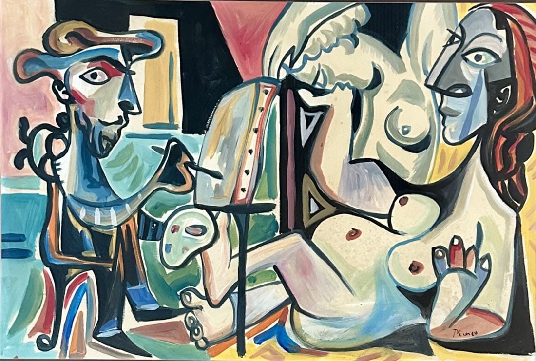 PABLO PICASSSO SURREALIST MIXED MEDIA ON PAPER: Pablo Picasso, no coa, private collection, medium: watercolor and goache measurements: 43"W BY 33"H framed, good condition Biography: Pablo Ruiz Picasso was a Spanish painter, sculptor, printmaker, ce