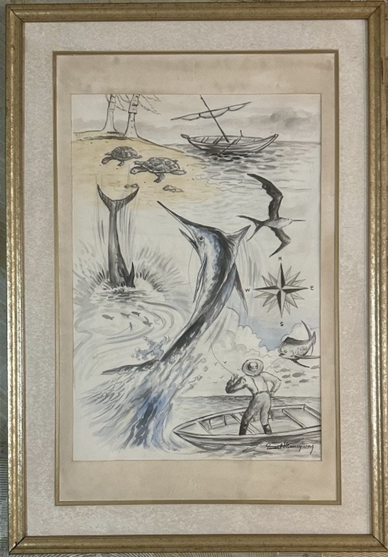 ERNEST HEMINGWAY MIXED MEDIA ON PAPER: Ernest Hemingway, no coa, private collection, medium: mixed media, measurements: 42"H BY 29"W needs new frame, good condition Biography: Ernest Miller Hemingway was an American novelist, short-story w