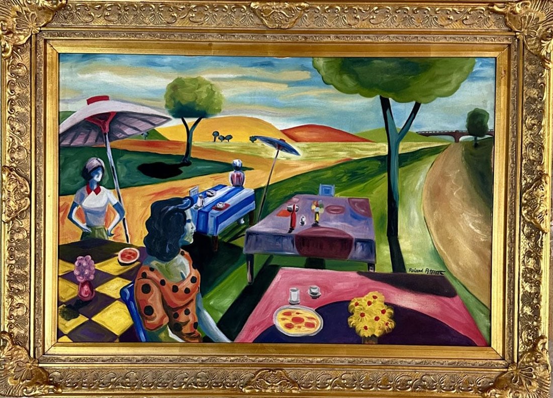 ROLAND PETERSON OIL ON CANVAS: Roland Peterson, no coa, private collection, medium: oil measurements: 45"W BY 33"H framed, good condition Biography: Roland Conrad Petersen is a Danish-born American painter, printmaker, and professo