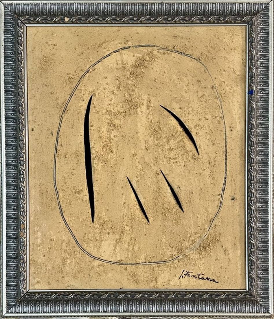 LUCIO FONTANA ABSTRACT OIL ON CANVAS: Lucio Fontana, no coa, private collection, medium: oil, measurements: 29"H BY 25"W framed, good condition Biography: Lucio Fontana was an Argentine-Italian painter, sculptor and theorist. He is known