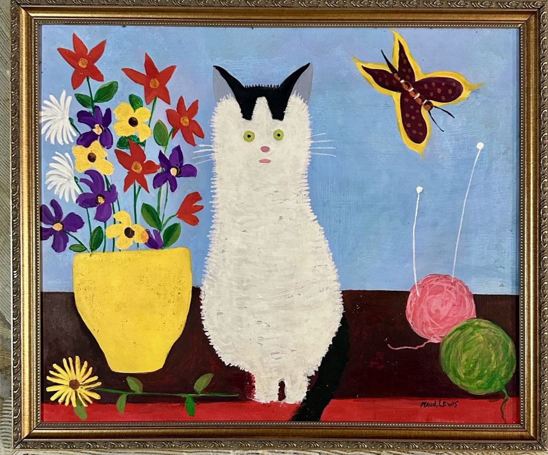 MAUD LEWIS OIL ON BOARD: Maud Lewis, no coa, private collection, medium: oil, measurements: 26"W BY 22"H framed, good condition Biography: Maud Kathleen Lewis (née Dowley; March 7, 1903 – July 30, 1970) was a Canadian folk