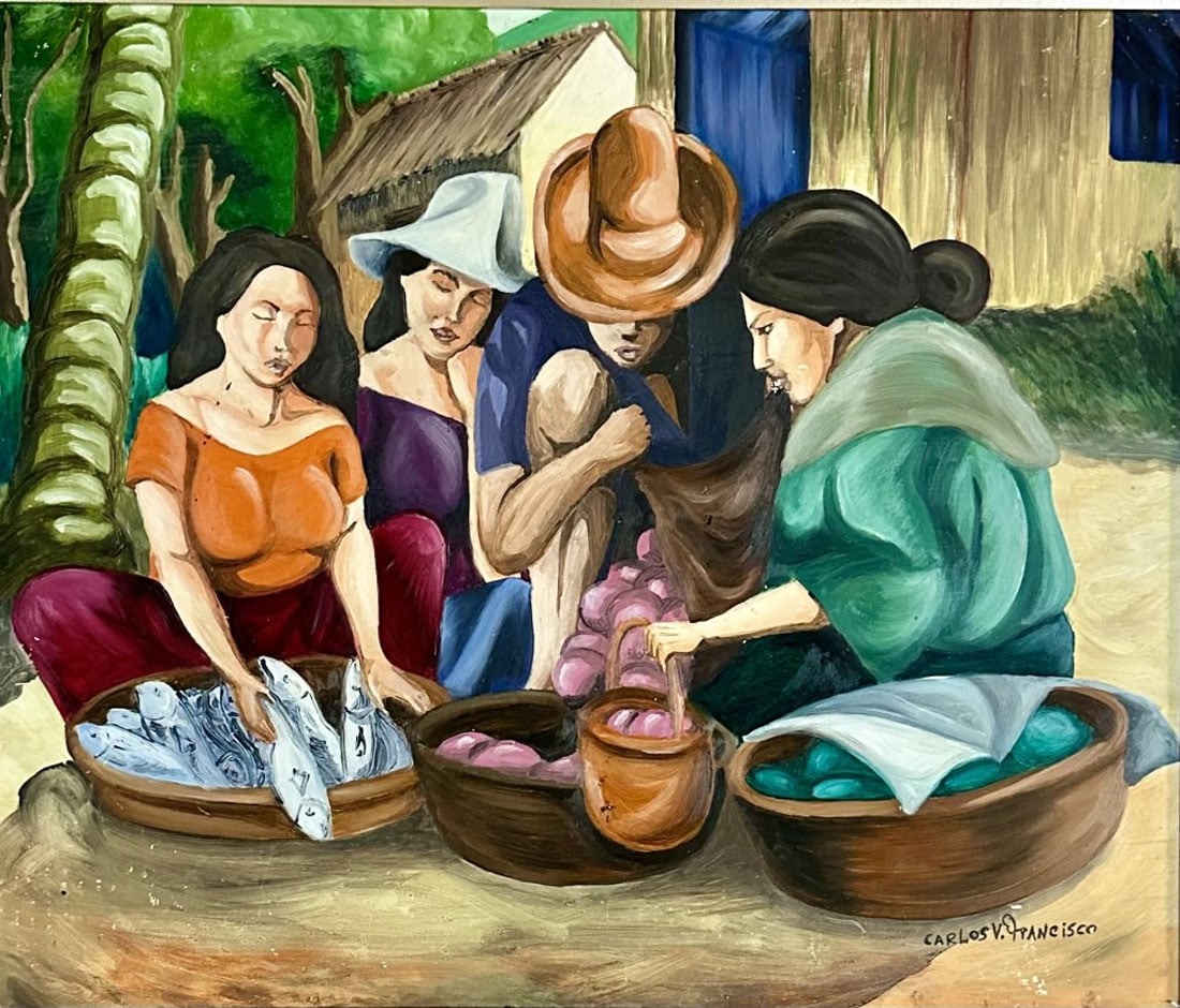 CARLOS V. FRANCISCO OIL ON BOARD FIGURATIVE: Carlos V. Fransisco, no coa, private collection, medium: oil, measurements: 25"hx29"w framed, very good conditiobn, some chipping throughout, Biography:Carlos Modesto "Botong" Villaluz Francisco was a