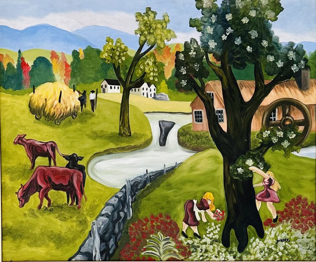 GRANDMA MOSES OIL ON BOARD: Grandma Moses, no coa, private collection, medium: oil, measurements: 30"w by 26"h framed, good condition Biography:Anna Mary Robertson Moses, or Grandma Moses, was an American folk artist. She began