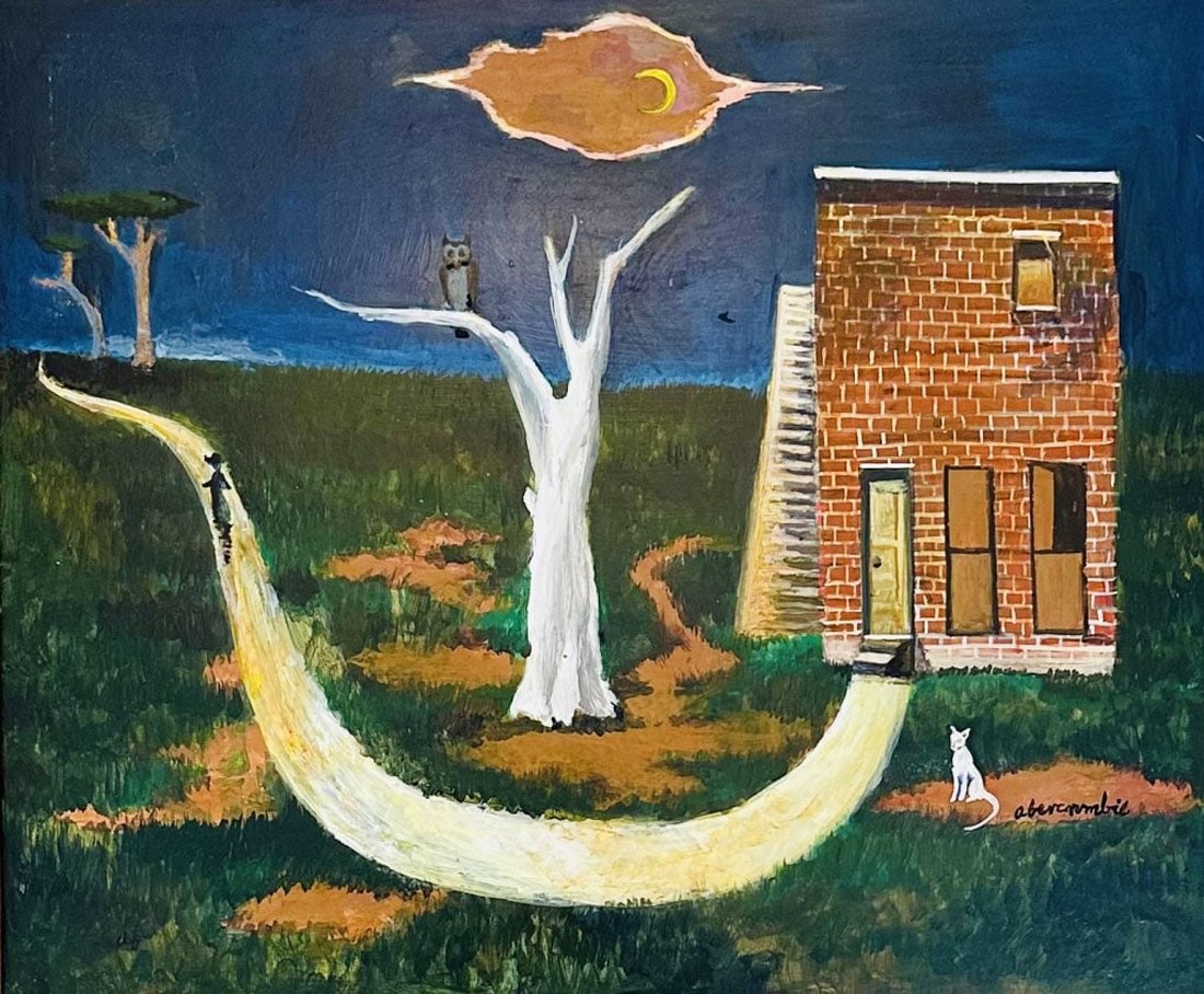 GERTRUDE ABERCROMBIE OIL ON BOARD: Gertrude Abercrombie, no coa, private collection, medium: oil, measurements: 32"w by 28"h framed, good condition Biography: Gertrude Abercrombie was an American painter based in Chicago. Called "the q
