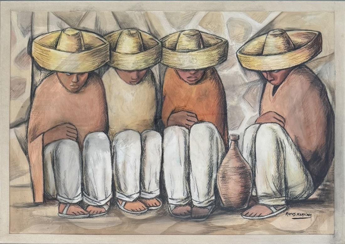 ALFREDO RAMOS MIXED MEDIA ON BOARD: Alfredo Ramos, no coa, private collection, medium:oil, measurements: 38"w by 29 "h framed, good conditionBiography: Alfredo Ramos Martínez was a painter, muralist, and educator, who lived and worked