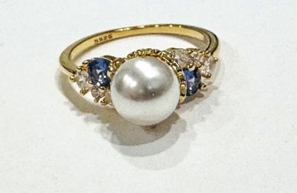 EXQUISITE PEARL AND CZ STERLING DECO RING