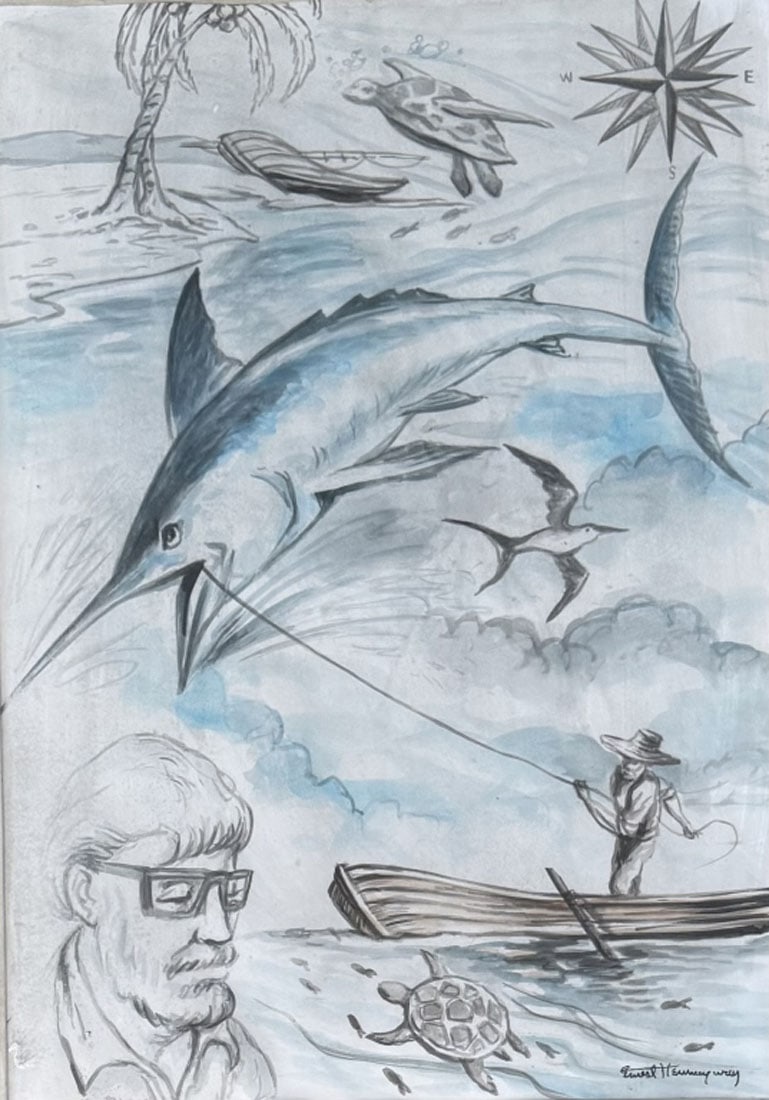 ERNEST HEMINGWAY WATERCOLOR ON PAPER (1 of 3)