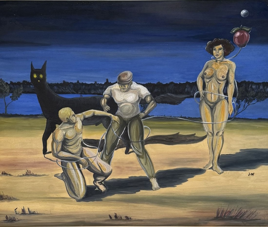 JOHN WILDE OIL ON BOARD: John Wilde, no coa, private collection, medium:oil measurements: 30"w by 25"h framed good condition, Biography: John Wilde was a painter, draughtsman and printmaker of fantastic imagery. Born near Mil