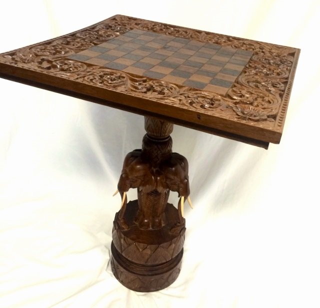 MONGOLIAN TEAK HANDCARVED ELEPHANT CHESS TABLE: INTICATE DETAILS/WOODWORK/24"HX20"ACROSS