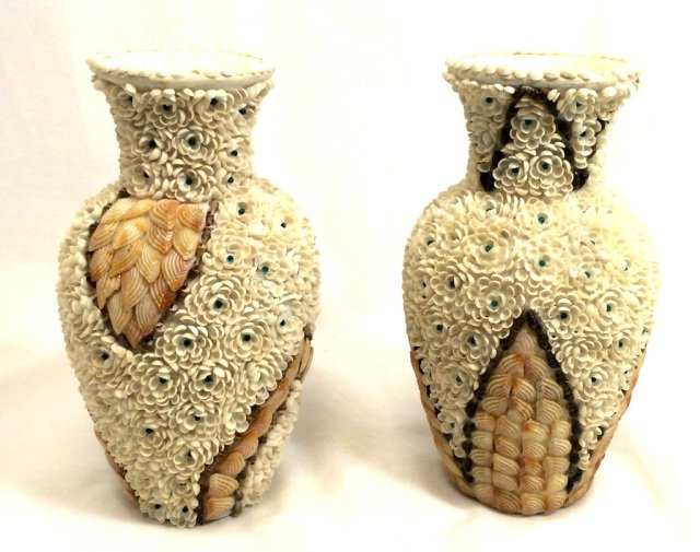 2 HANDMADE SHELL PIECE VASES: 6"H EACH
