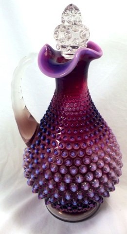 RARE FENTON PLUM OPALESCENT WINE DECANTER: 10"H