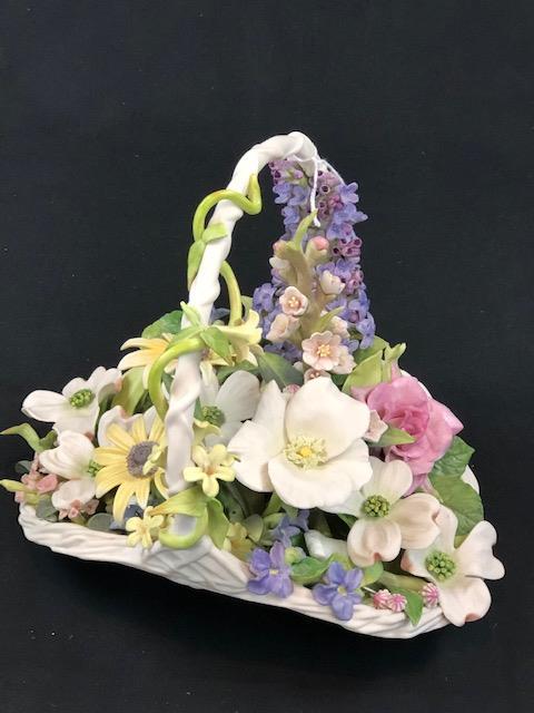 Cybis Basket of Flowers Vintage porcelain bisque: Vintage porcelain bisque decorated basket of flowers by Cybis. Minor loss to numerous leaves. Size: 12"w x 10"H