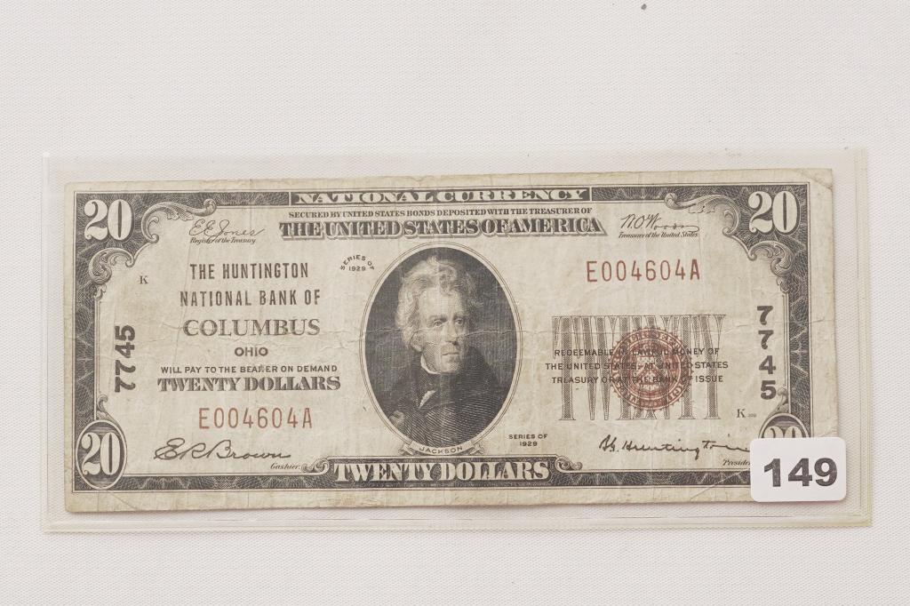 $20 Columbus, OH Bank Note.: $20 Huntingdon National Bank of Columbus, Ohio bank note. Ungraded condition with stains and fold lines.