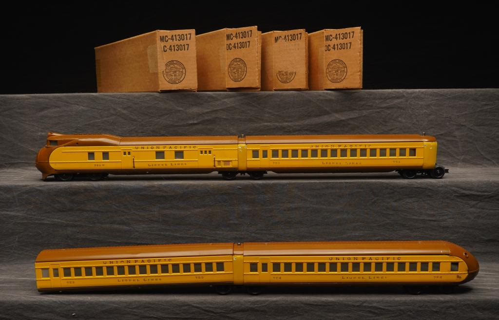 1936-1941 Lionel Train Set No.758.: City of Portland set contains 752 W diesel, two 753 coach, 750 for observation car. All cars in good condition with light wear to black lettering. Unmarked boxes. C-8