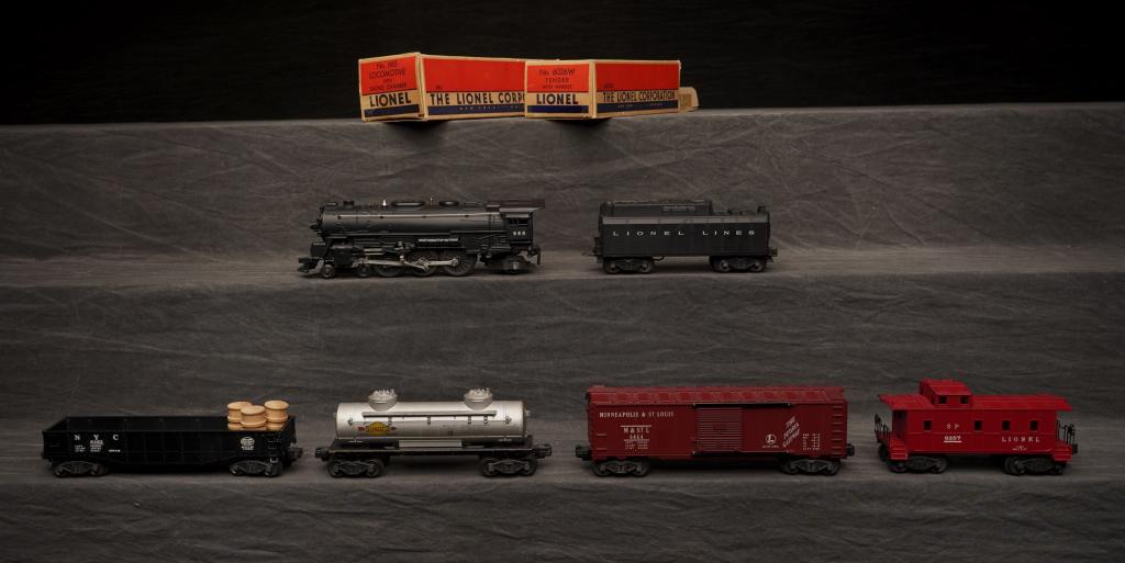 1953 Lionel 685 Steam Outfit No.2201WS.: Set includes 685 steam, 6026 W tender, 6462 gondola, 6464-50 box car, 6465 oil 2D, 6357 caboose. Above grade w/ loss to one flap of 685 box. C-6