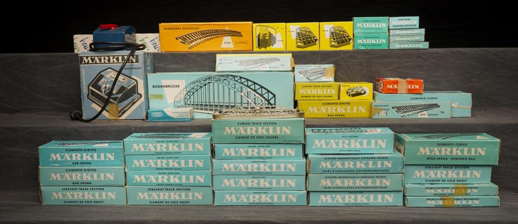 Large Group of Marklin HO Accessories.: Accessories to include track, bridges, wire, transformers and others. Many pieces appear unused in the original boxes.