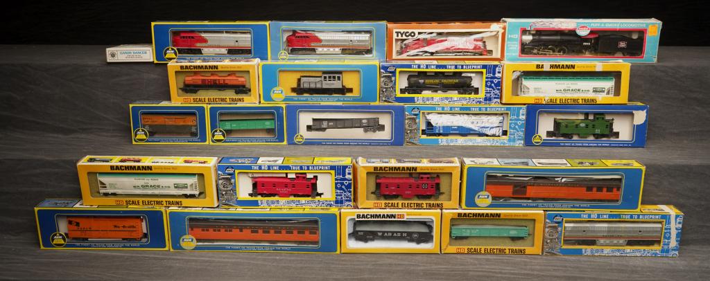 Large Lot of Assorted HO Train Cars & Engines.: Lot includes unopened Santa Fe, Tico Burlington diesel, and many other train cars. All appear to be in above average condition, many with original boxes. C-7