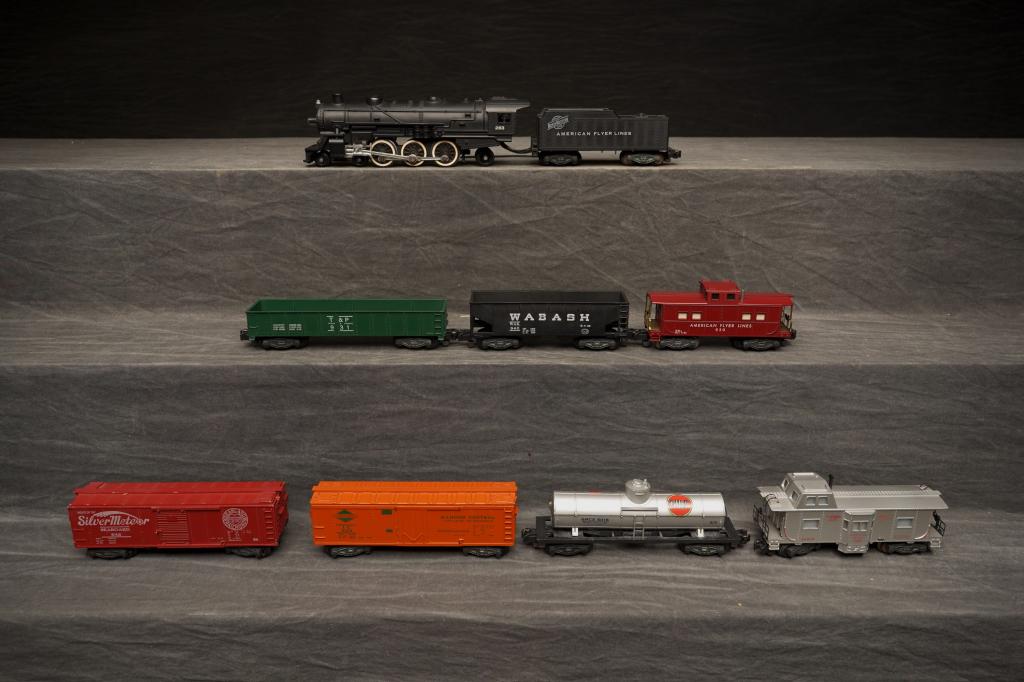 American Flyer Outfit No.K5423T.: Set includes 283 steam w/ tender, 923 refrigerator car, 925 oil car, 931 gondola, 941 hopper, 942 box car, 930 caboose. Very good. C-7