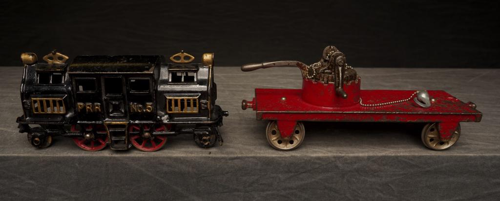 Early Cast Iron PRR No. 5 Loco with Train Car.: Engine has significant loss and car with paint wear.