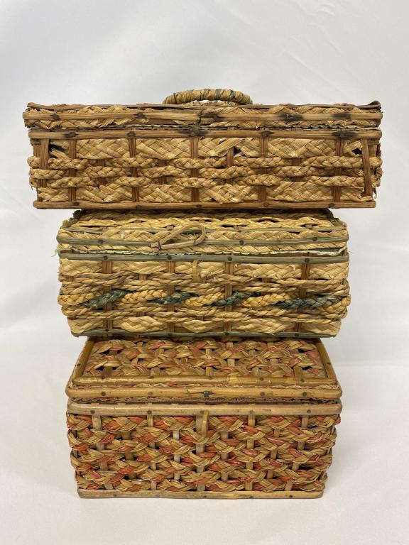 Set of 3 early rye straw sewing boxes. (1 of 6)