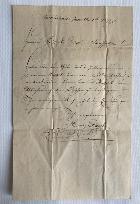 1839 Calligraphy Letter A. Rex Schaefferstown. (1 of 4)
