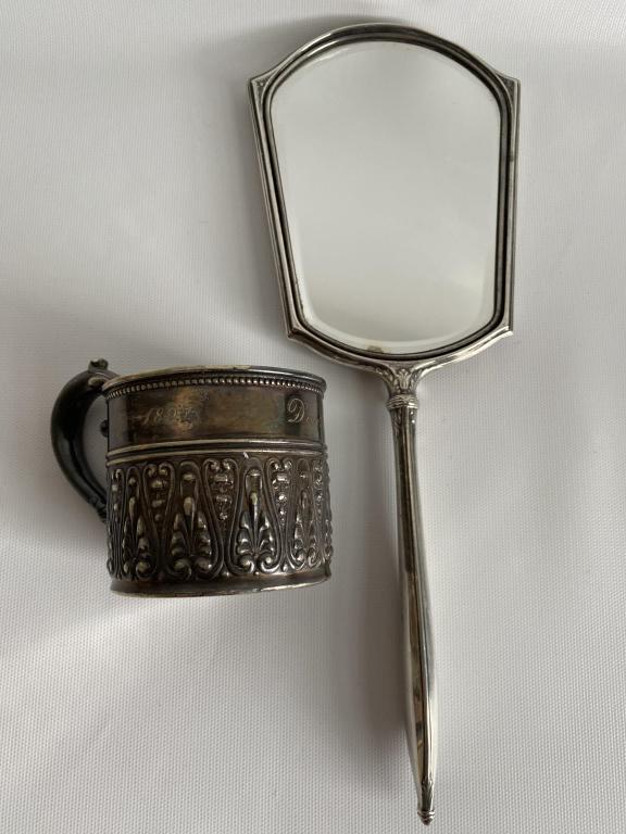 Sterling vanity mirror, Gorham soldered mug. (1 of 7)