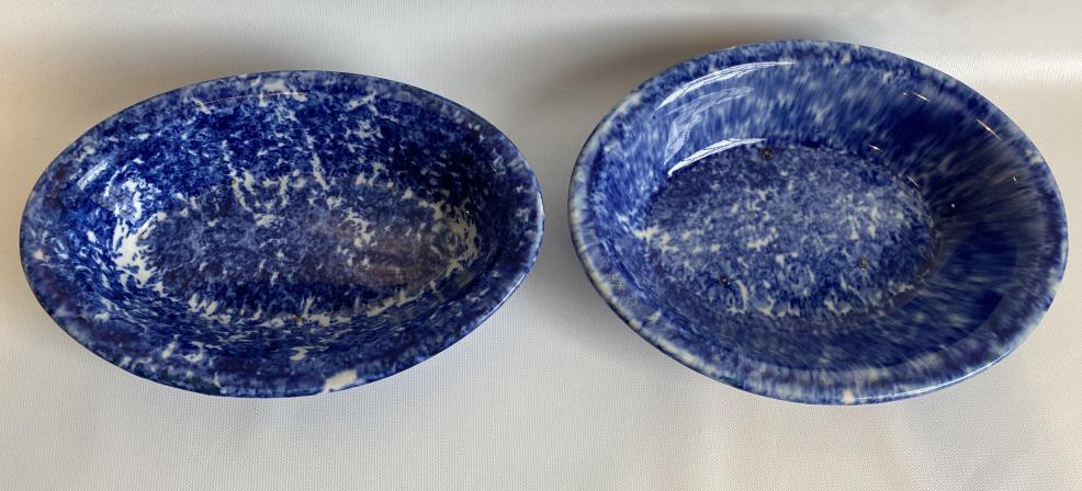 Pair of blue spongeware dishes. (1 of 3)