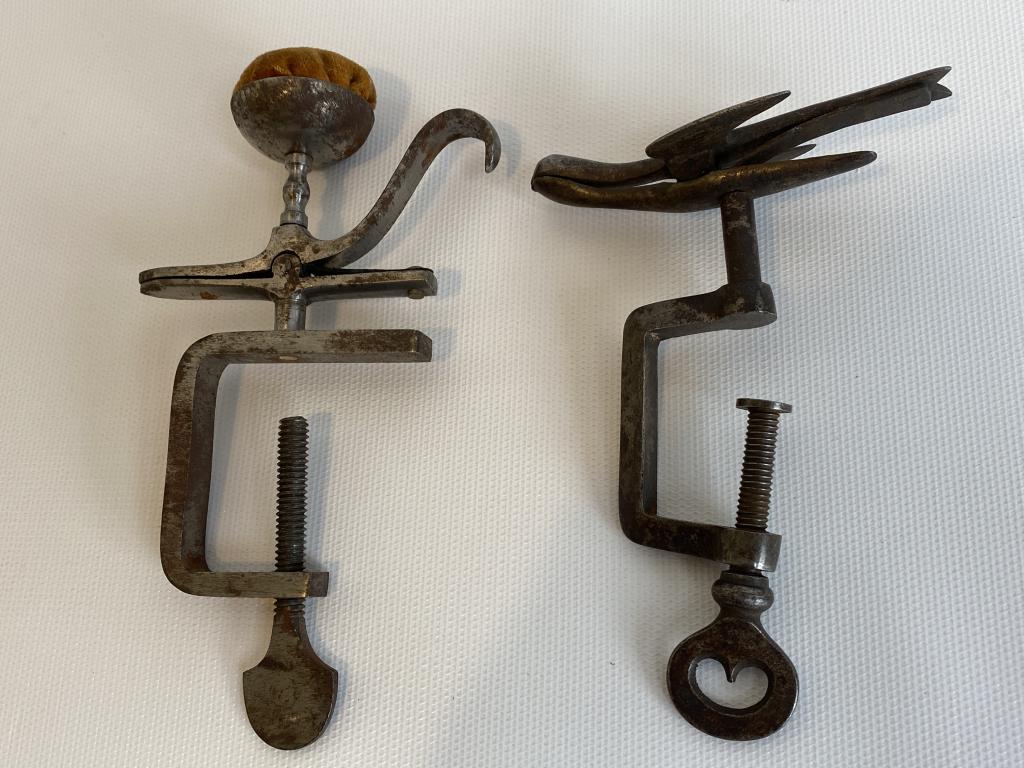 Early wrought iron clamp sewing pin cushions. (1 of 2)