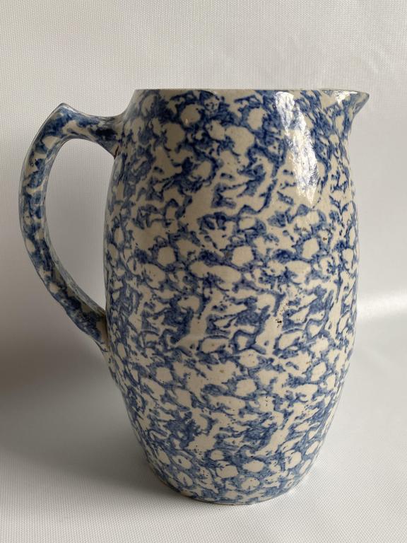 Blue spongeware stoneware pitcher. (1 of 5)