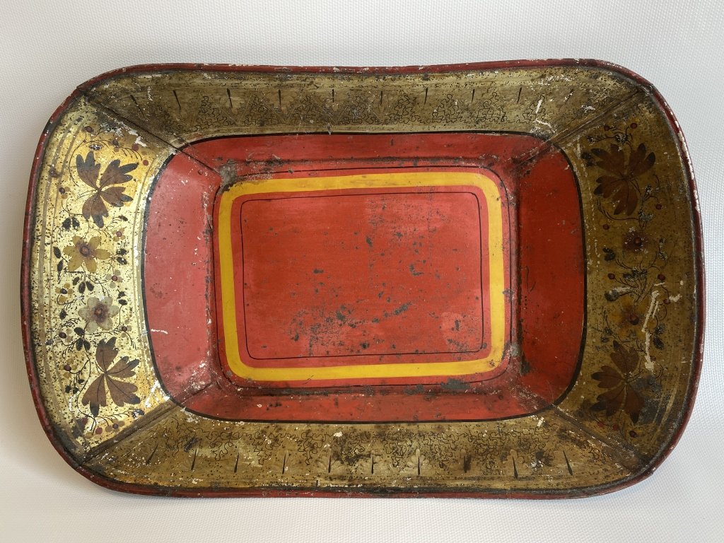 Early paint decorated toleware tray. (1 of 4)