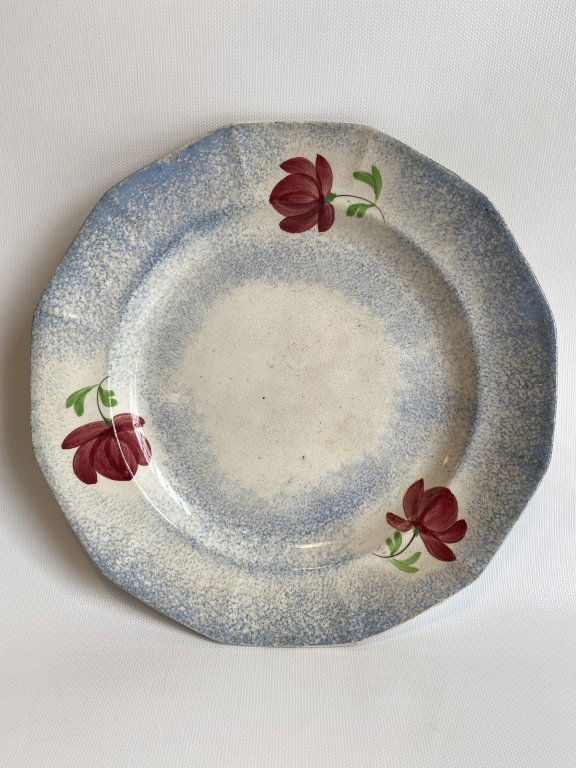 19th C. blue spatterware rose plate. (1 of 5)