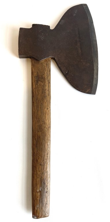 Stamped J. Beatty wrought iron axe.: Measures approximately 23” overall length with head and handle. Axe head measures approximately 12”.