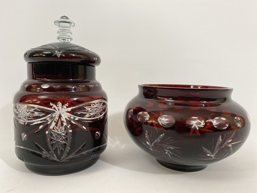 Early ruby cut glass bowl & jar. No damage, very good (1 of 7)