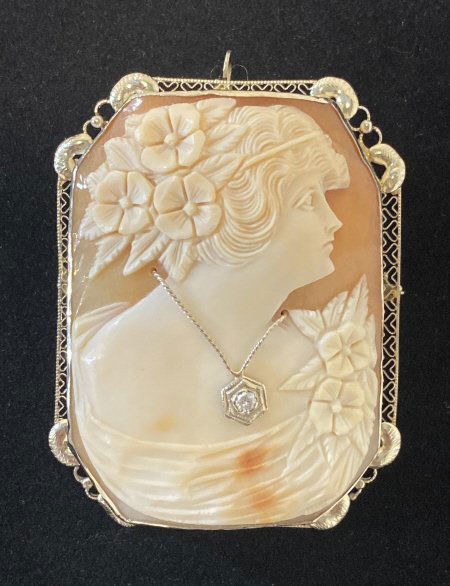 Early 1900s shell cameo And diamond pendant-pin. 14K (1 of 4)