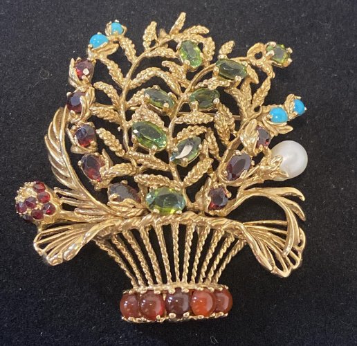 14K gold Lucien Pickard pin- pendant. Loaded with: Loaded with natural stones.Size 2x2.