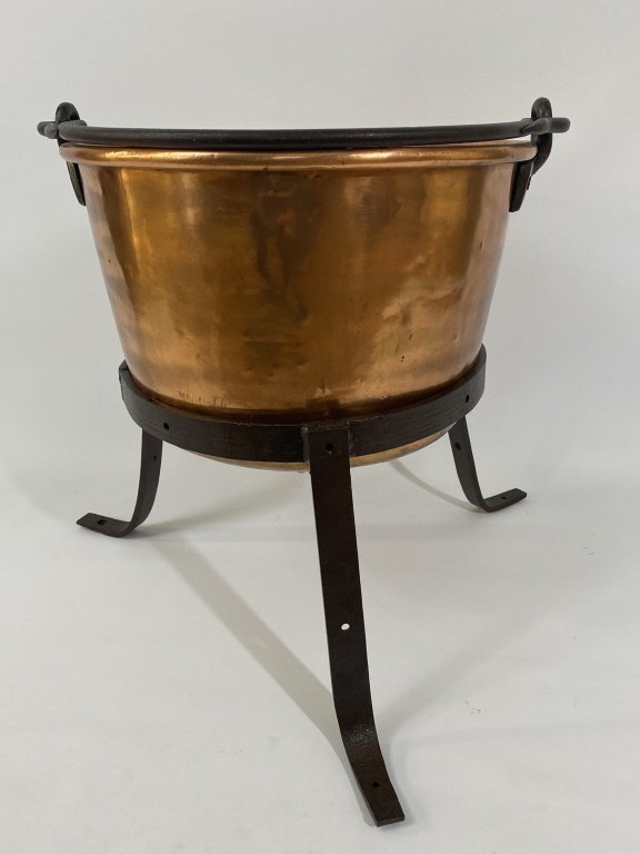 19th C Mid size copper kettle w/ iron stand. Unusual (1 of 6)