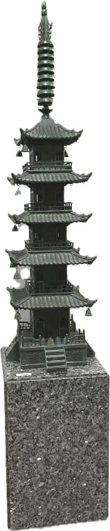 Vintage Japanese Copper Five Story Pagoda.: 17"Wx14.5"Dx64"H. Measurements are without base. Granite base measures 18 x 18 x 27 inches. Finely detailed, each story represents one of the five elements in Buddhist cosmology: earth, water, fire, w